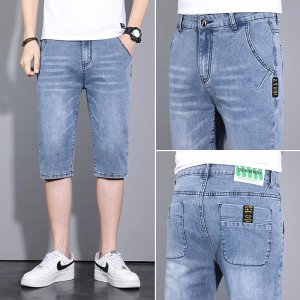 (image for) 2024 Summer Korean Style Slim Fit Stretch Summer Mid Pants Men\'s Denim Shorts Trendy 7-Point Pants Mid Pants 2159-P55